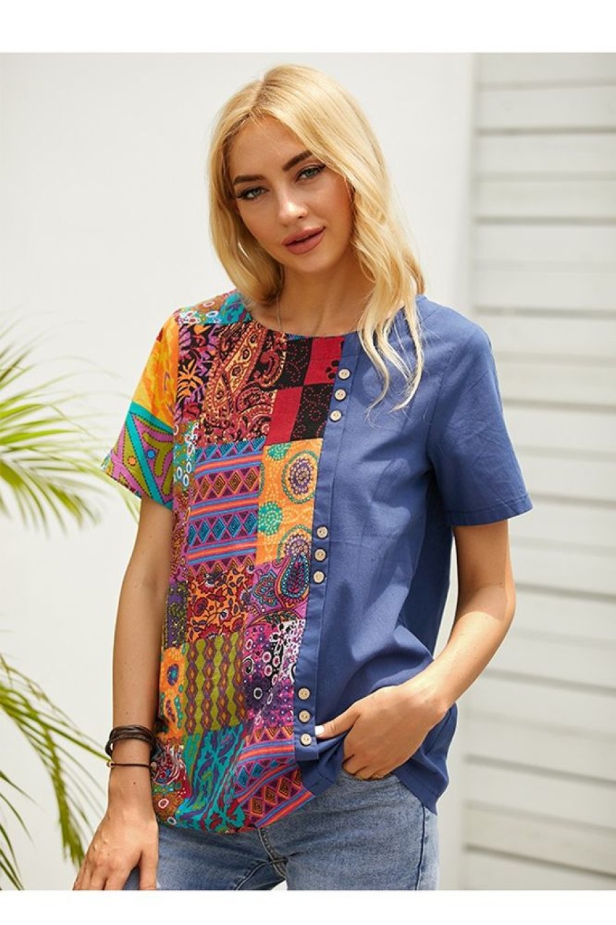 Clothing Azzlee T-Shirts | Folk Style Print Casual Daily Round Neck Short Sleeve T-Shirt