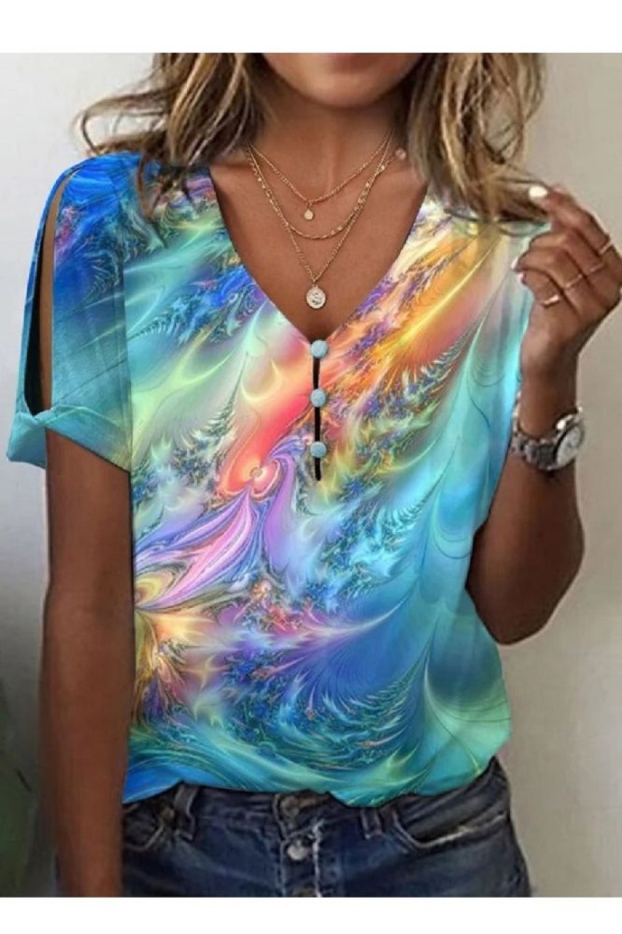 Clothing Azzlee Blouse & Shirts | Casual V Neck Printed Short Sleeve Blouse Multicolor