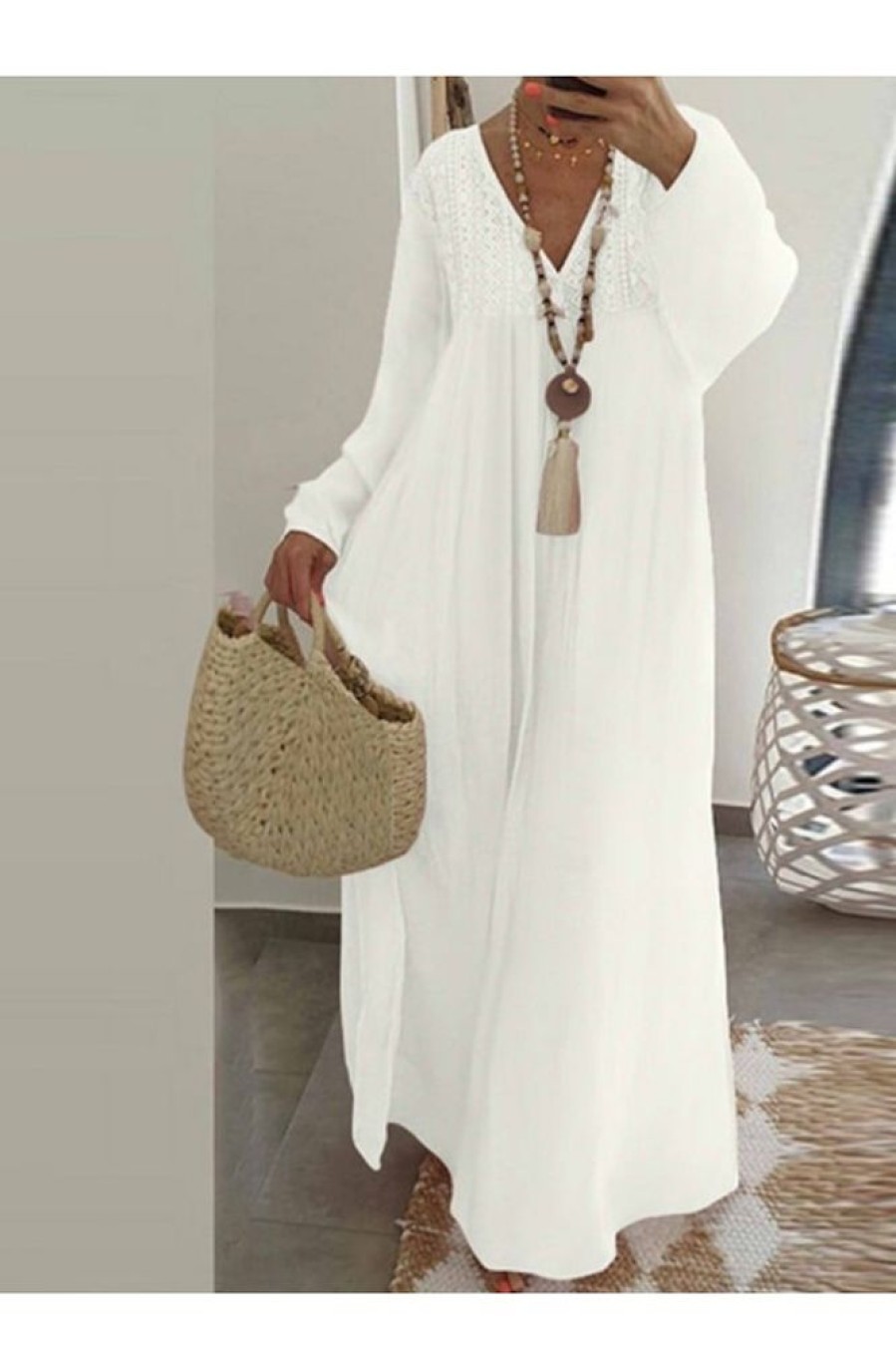 Clothing Azzlee Maxi Dresses | Casual V Neck Long Sleeve Maxi Dress White