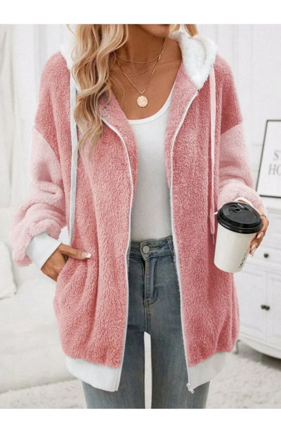 Clothing Azzlee Jackets | Fluff/Granular Fleece Fabric Casual Loose Teddy Jacket Pink