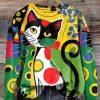 Clothing Azzlee Sweatshirt & Hoodies | Stylish Art Cat Print Sweatshirt Green