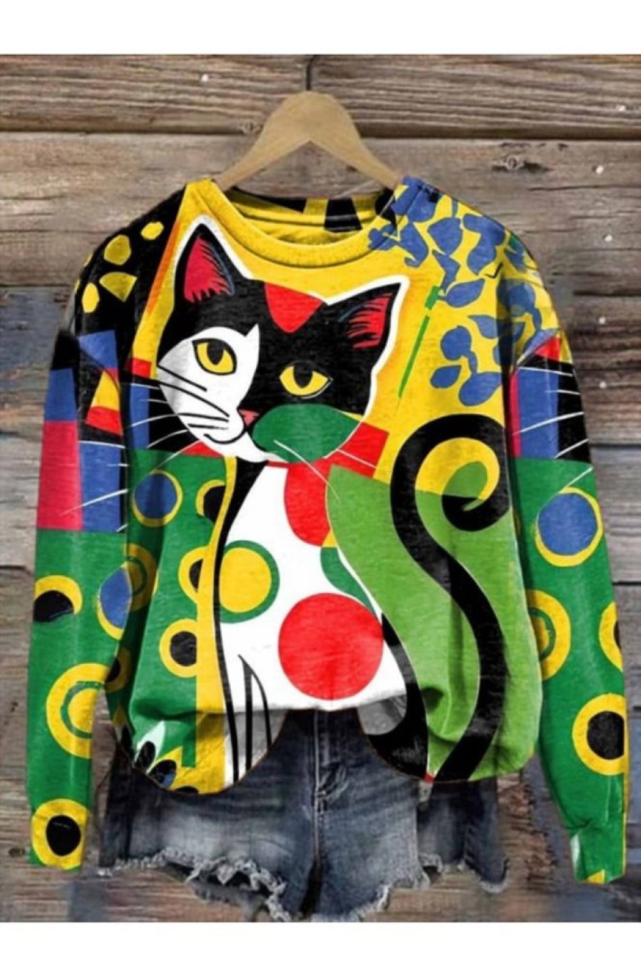 Clothing Azzlee Sweatshirt & Hoodies | Stylish Art Cat Print Sweatshirt Green