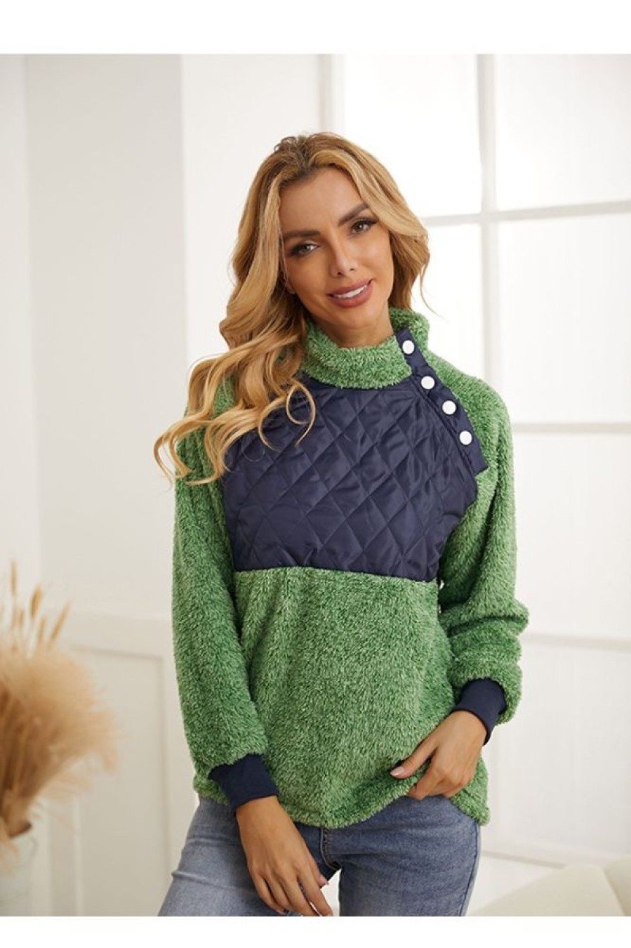 Clothing Azzlee Sweatshirt & Hoodies | Patchwork Buttons Stand Collar Long Sleeve Sweatshirt Green