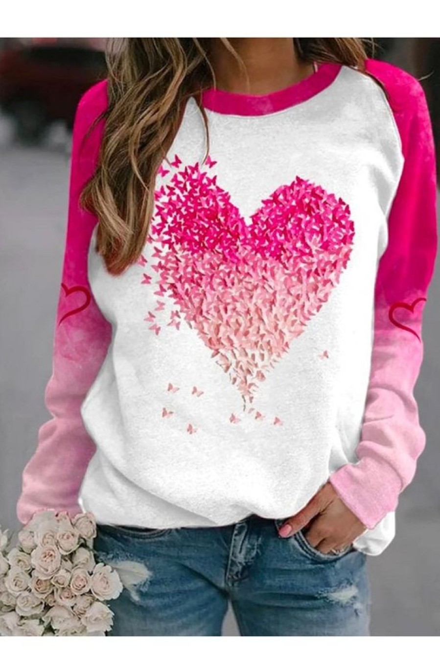 Clothing Azzlee Sweatshirt & Hoodies | Crew Neck Jersey Heart/Cordate Print Casual Sweatshirt Pink