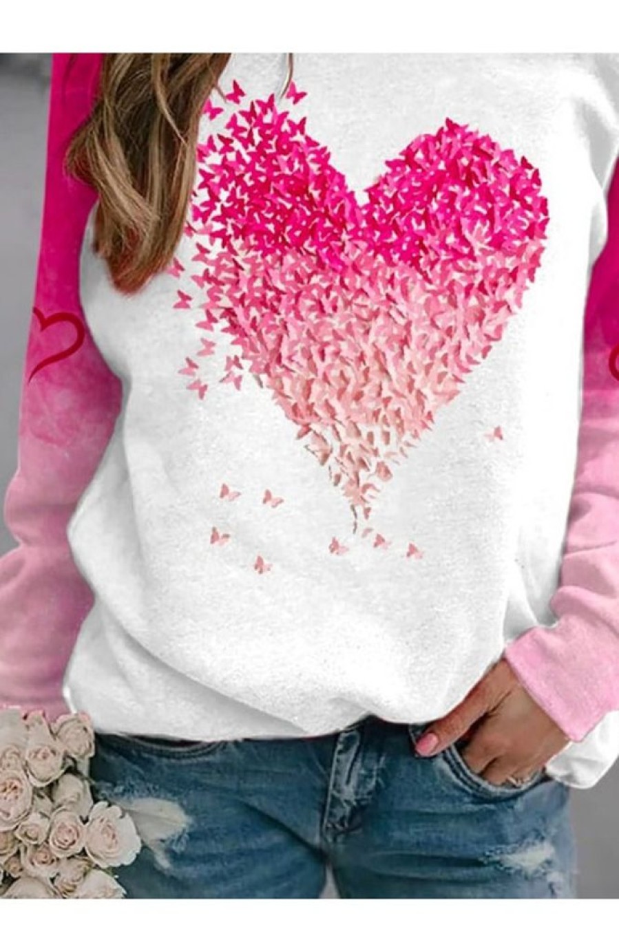 Clothing Azzlee Sweatshirt & Hoodies | Crew Neck Jersey Heart/Cordate Print Casual Sweatshirt Pink