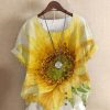 Clothing Azzlee Blouse & Shirts | Yellow Sunflower Printed Round Neck T-Shirt With Buttons As Picture