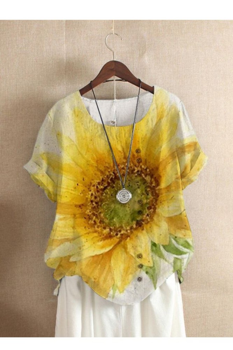 Clothing Azzlee Blouse & Shirts | Yellow Sunflower Printed Round Neck T-Shirt With Buttons As Picture