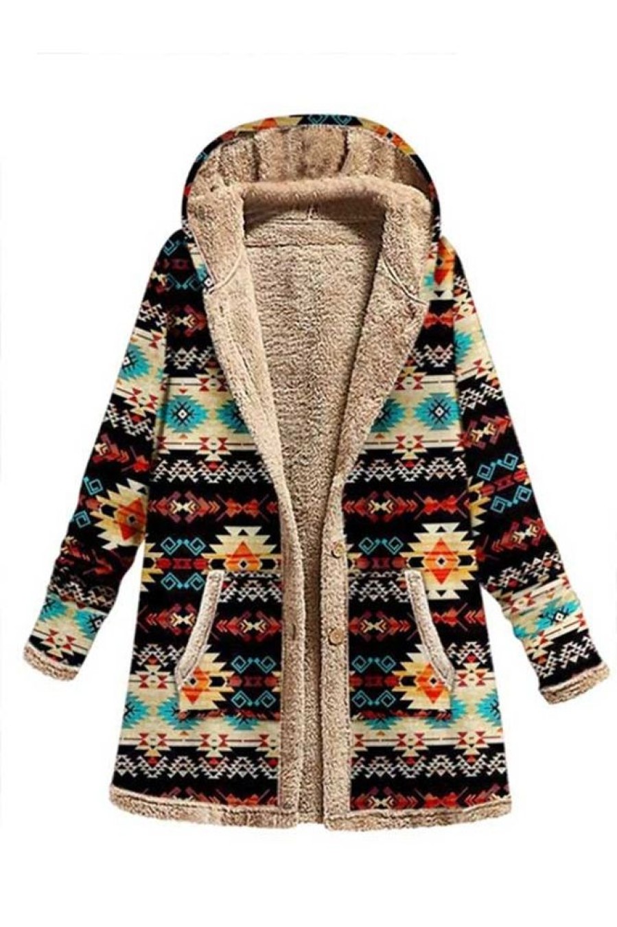 Clothing Azzlee Coats | Casual Aztec Tribe Print Fleece Button Coat Multi