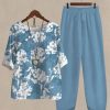 Clothing Azzlee | Casual Round Neck Floral Printed Half Sleeve Two Piece Suit Blue