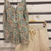 Clothing Azzlee | Floral Printed Straps Two Piece Suit Khaki