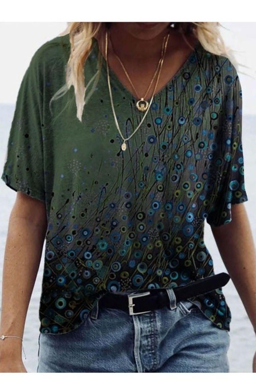 Clothing Azzlee Blouse & Shirts | V-Neck Loose Short Sleeve Cute Printed Blouse Green