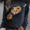 Clothing Azzlee Sweatshirt & Hoodies | Casual Graphic Tops Round Neck Cat Printed Long Sleeve Sweatshirts Blue