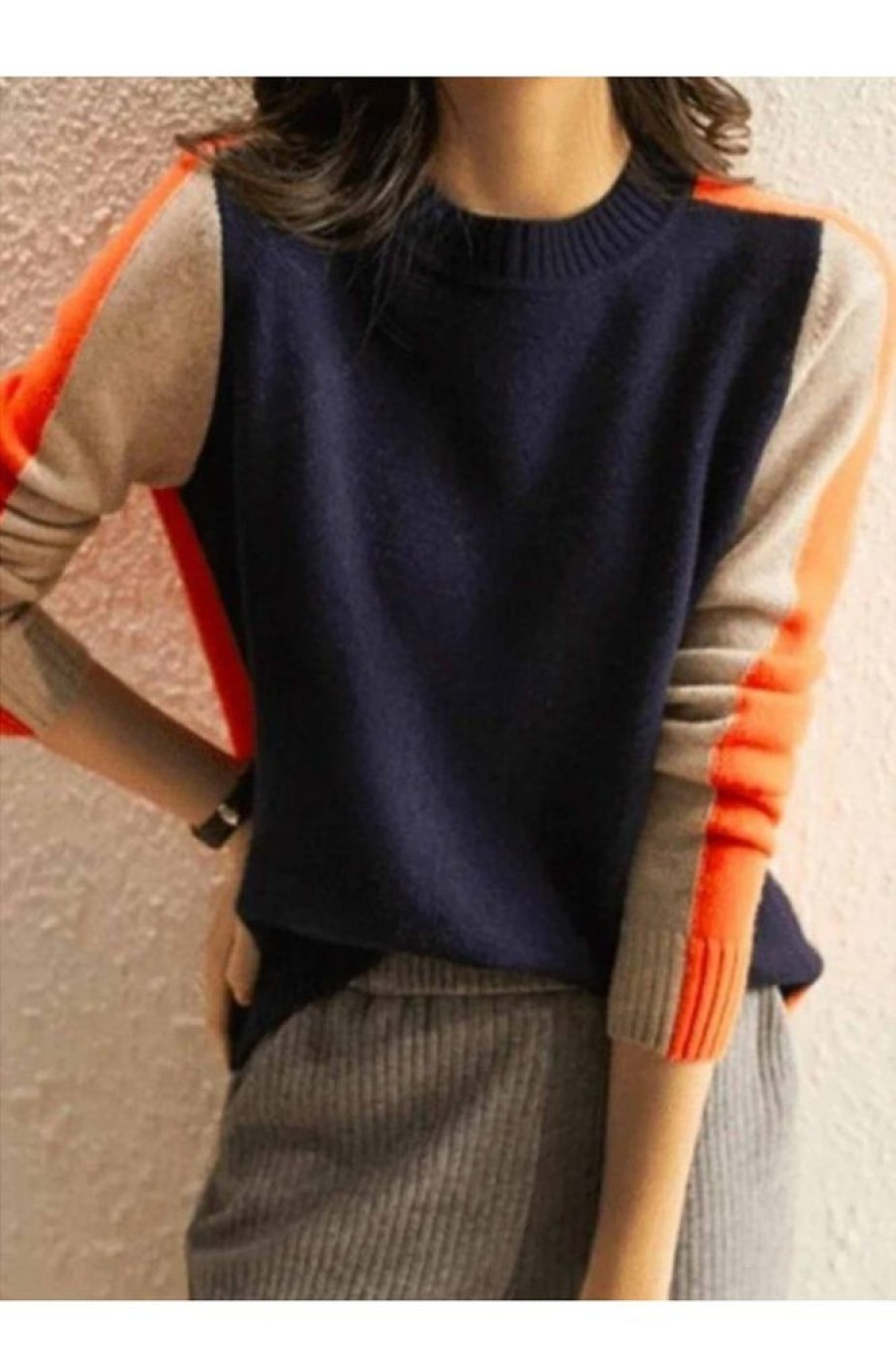 Clothing Azzlee Sweater & Cardigans | Round Neck Long Sleeve Retro Stripe Sweater Navy