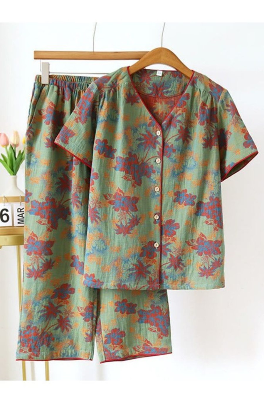 Clothing Azzlee | Coconut Tree Flower V-Neck Short Loungewear Green