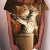 Clothing Azzlee T-Shirts | Cat Printed Round Neck Short Sleeve Tops Brown