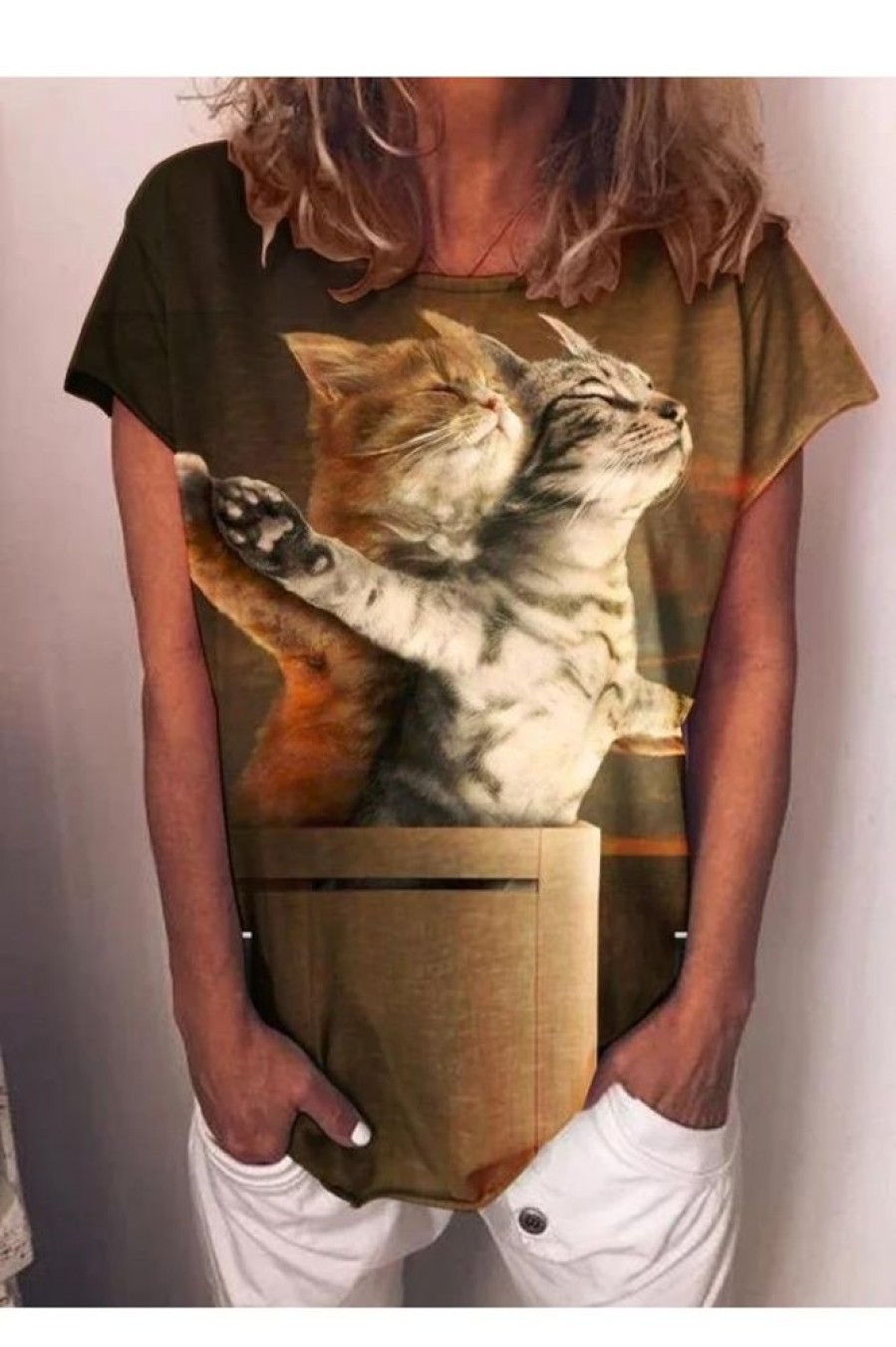 Clothing Azzlee T-Shirts | Cat Printed Round Neck Short Sleeve Tops Brown