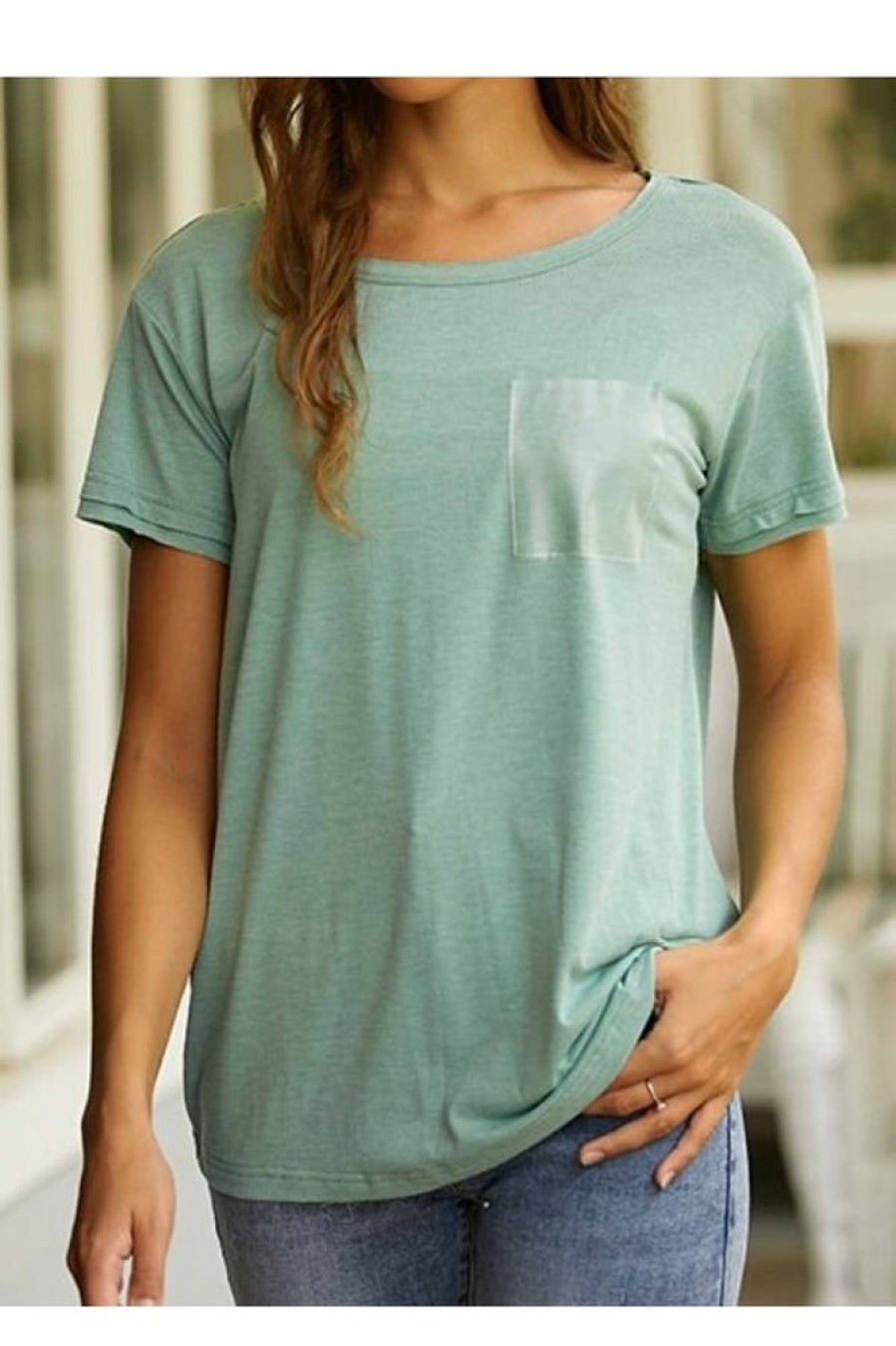 Clothing Azzlee T-Shirts | Round Neck Solid Casual Daily Short Sleeve T-Shirt With Pocket Army Green