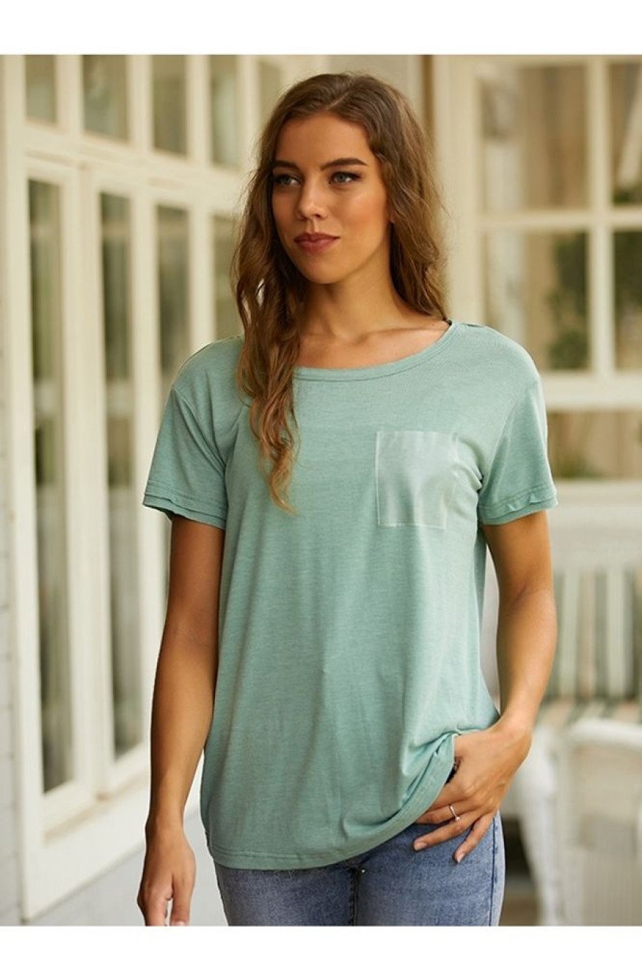 Clothing Azzlee T-Shirts | Round Neck Solid Casual Daily Short Sleeve T-Shirt With Pocket Army Green