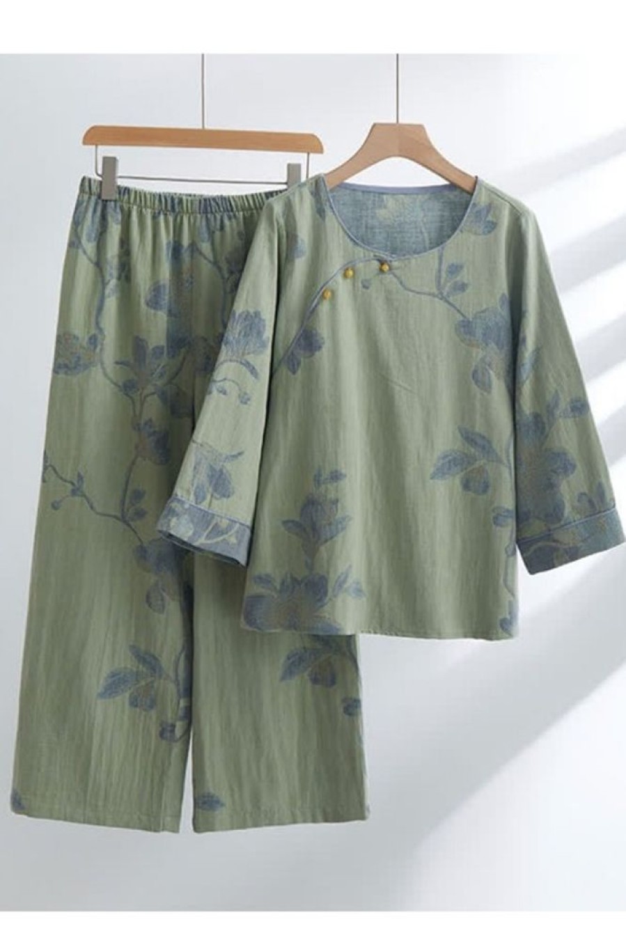 Clothing Azzlee | Floral Comfy Cotton Round-Neck Loungewear Set Green