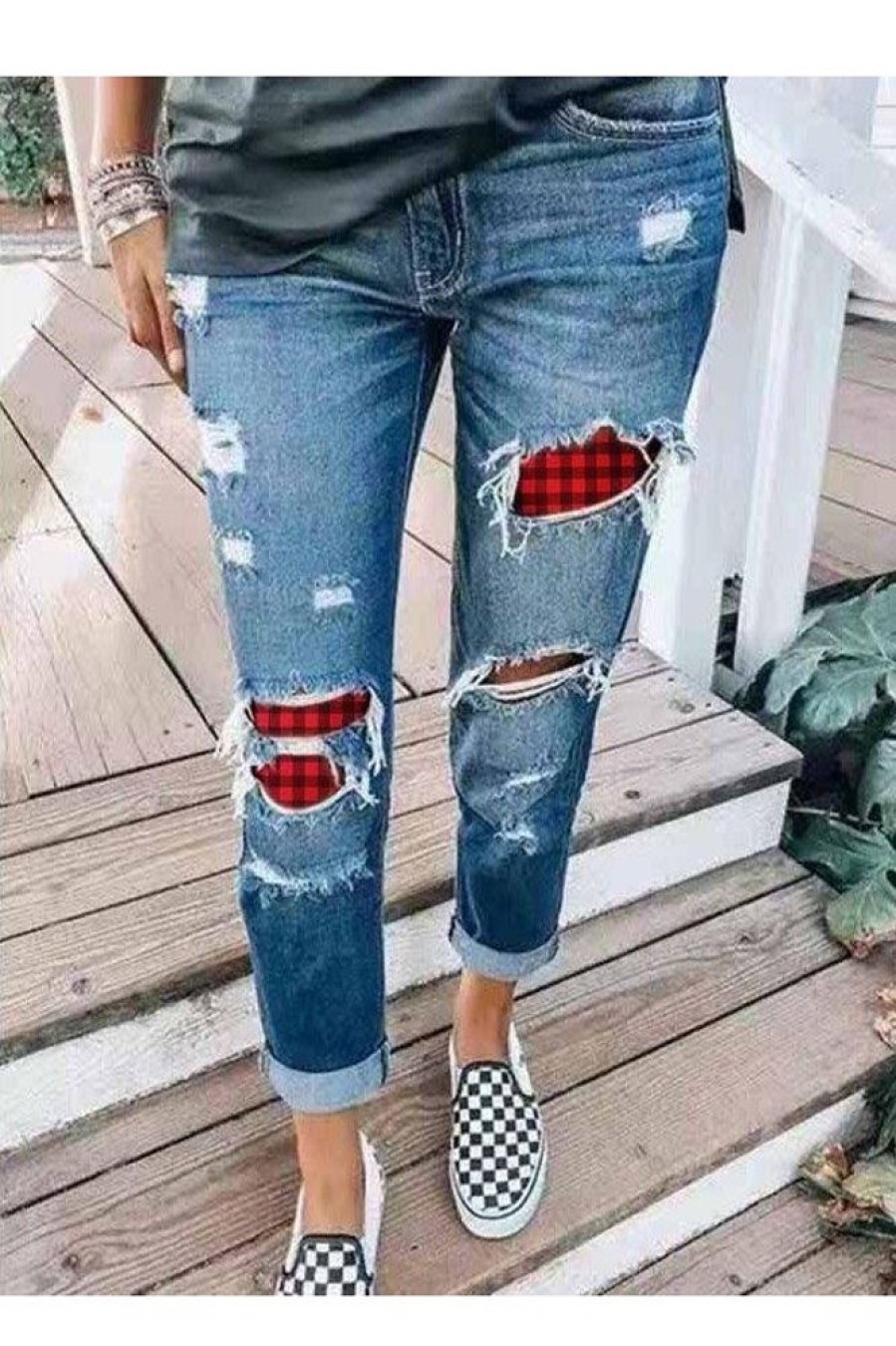 Clothing Azzlee Jeans & Denim | Casual Plaid Printed Jeans For Women Blue