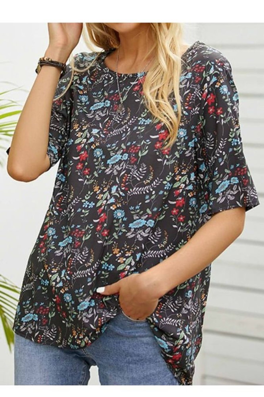 Clothing Azzlee Blouse & Shirts | O-Neck Print Casual Short Sleeve Blouse Floral