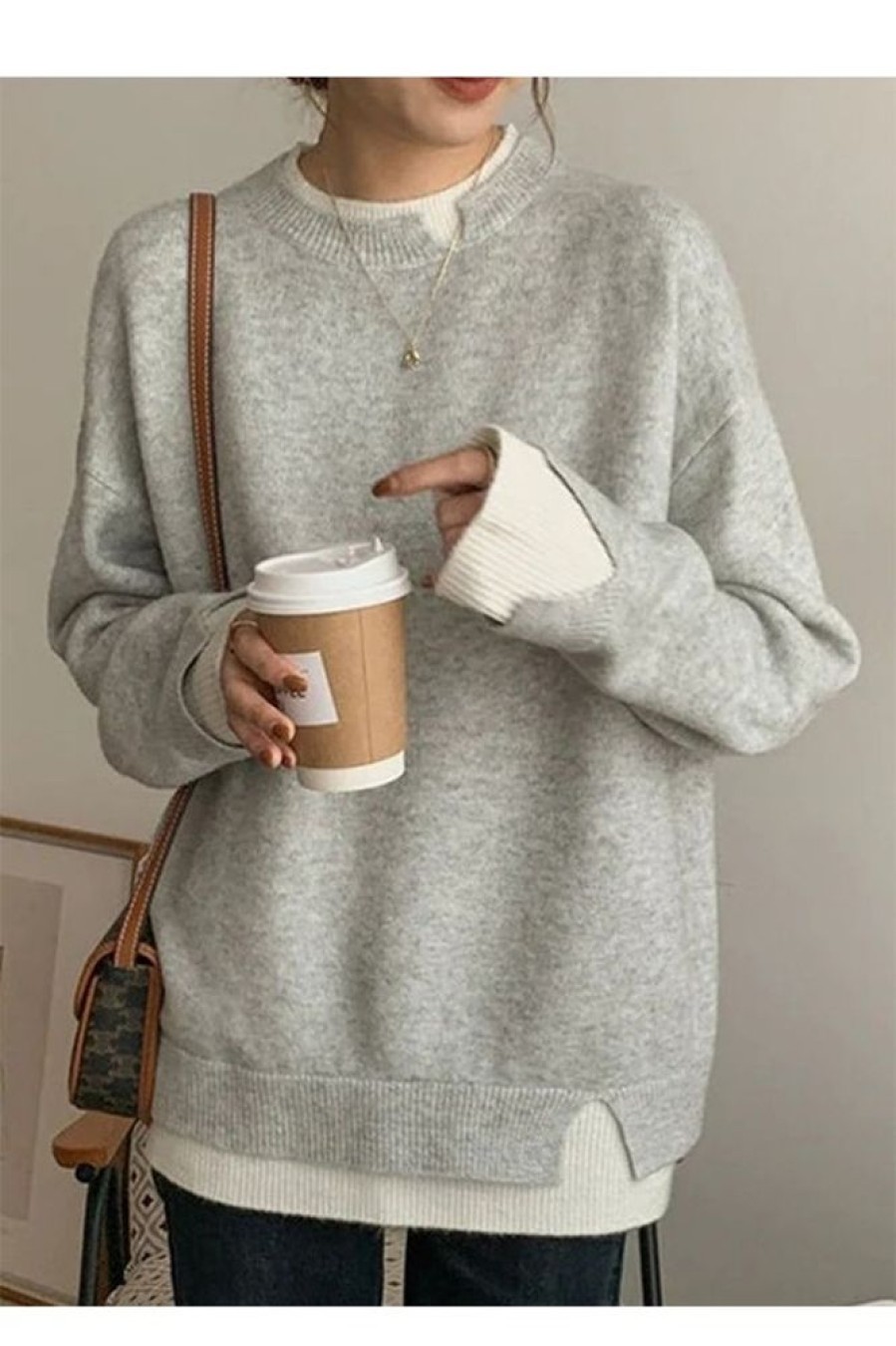 Clothing Azzlee Sweater & Cardigans | Casual Graphic Tops Round Neck Long Sleeve Solid Sweaters Gray