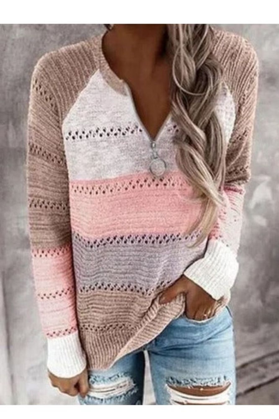 Clothing Azzlee Sweater & Cardigans | Casual Long Sleeve V Neck Stripe Splicing Sweater Multi