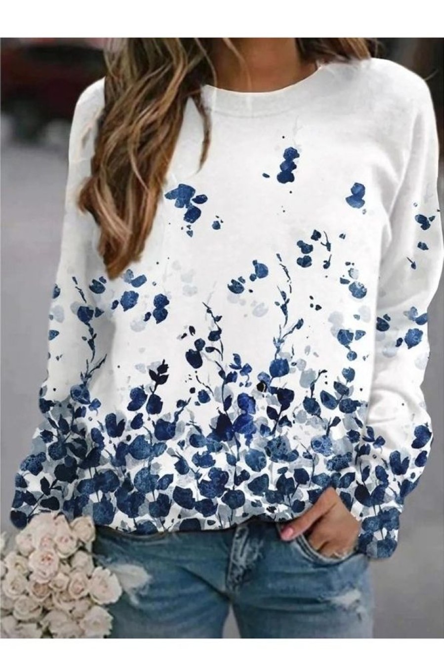 Clothing Azzlee Sweatshirt & Hoodies | Casual Graphic Tops Round Neck Long Sleeve Floral Abstract Printed Sweatshirts White