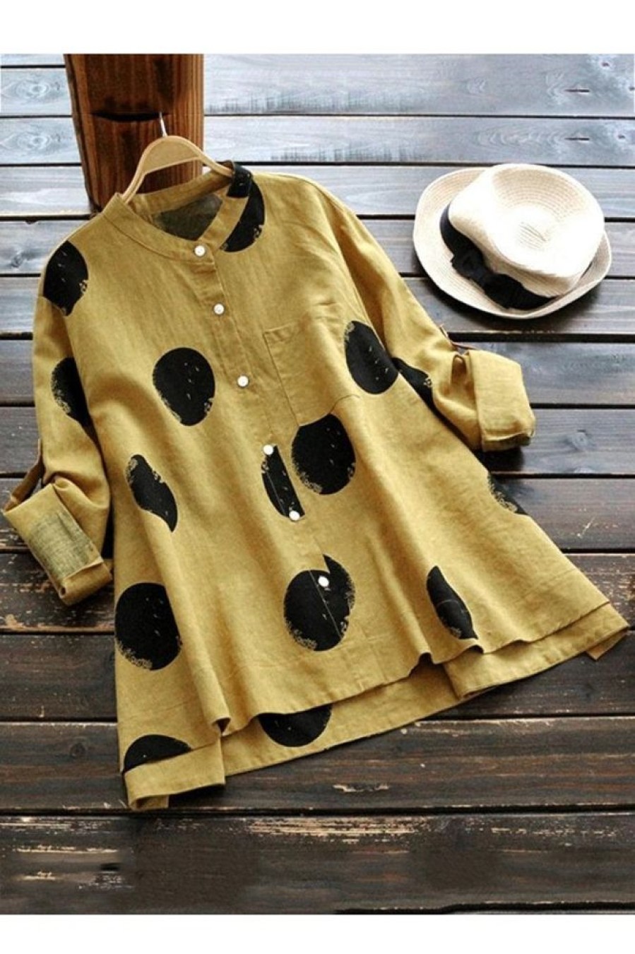 Clothing Azzlee Sweatshirt & Hoodies | Soft Stand Collar Polka Dot Buttons Casual Basic Long Sleeve Blouse