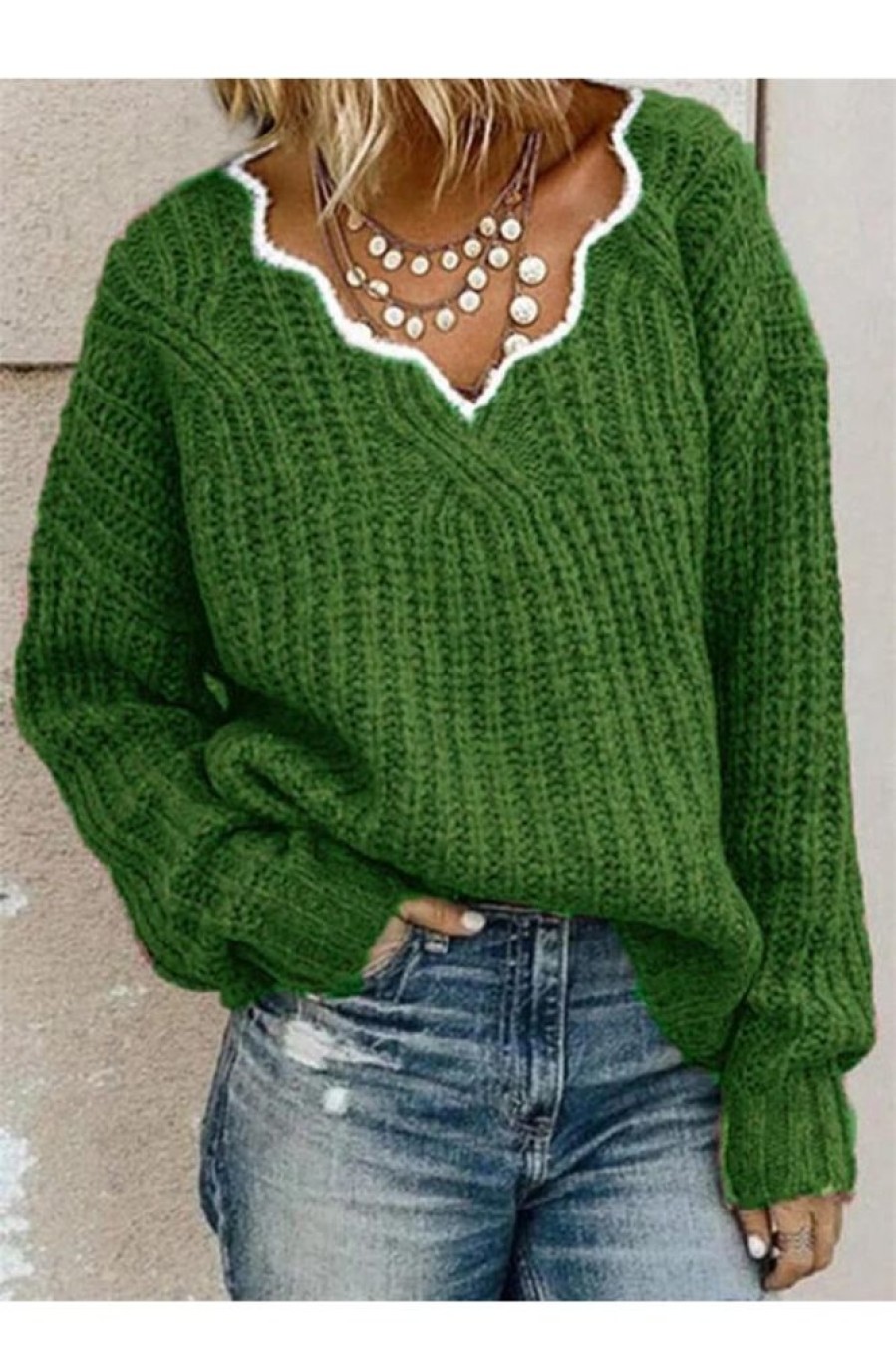 Clothing Azzlee Sweater & Cardigans | Casual V Neck Solid Long Sleeve Sweater Green