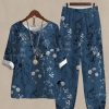 Clothing Azzlee | Casual Round Neck Floral Printed Half Sleeve Two Piece Suit Navy