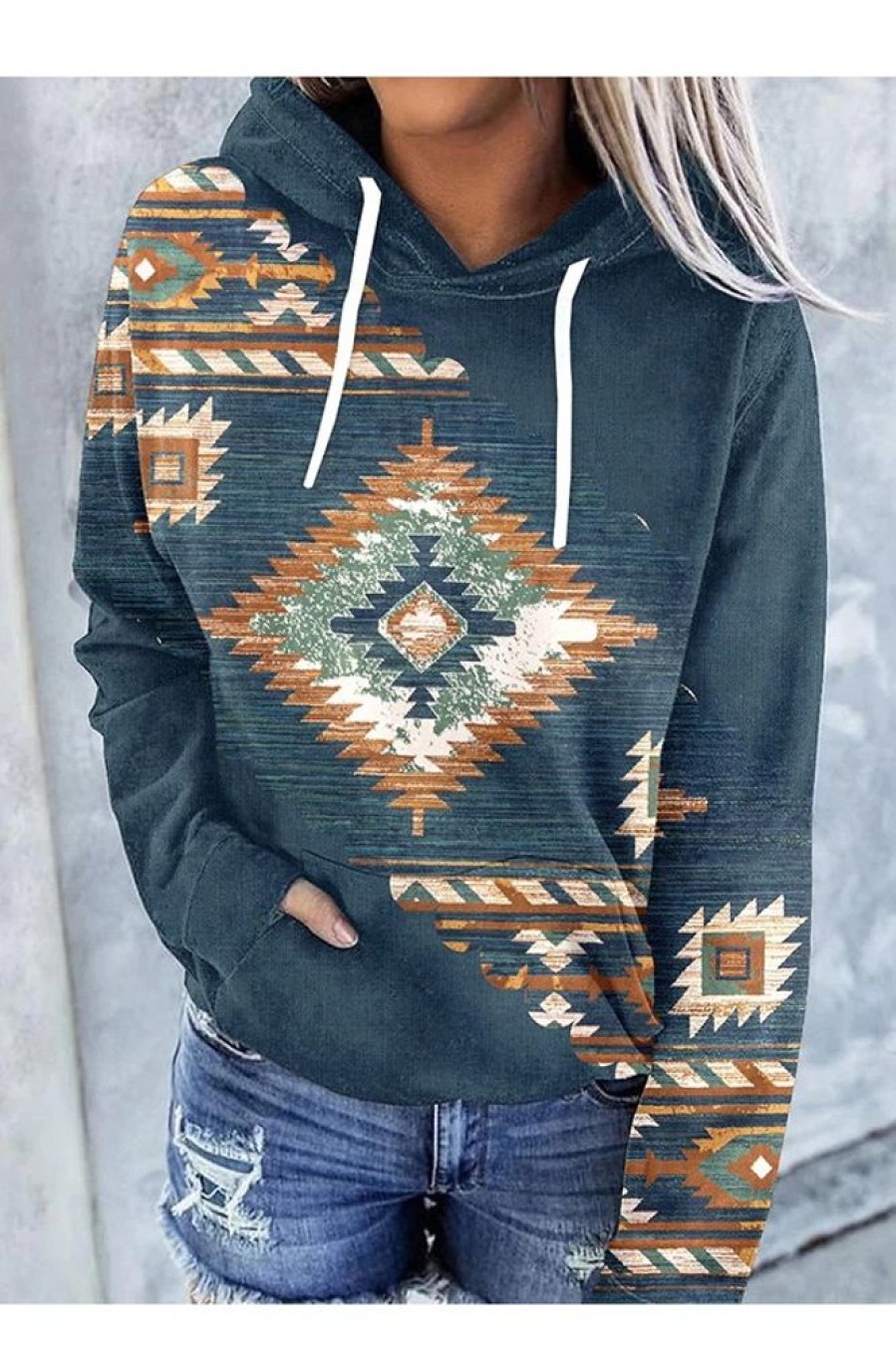 Clothing Azzlee Sweatshirt & Hoodies | Casual Graphic Tops Long Sleeve Geometric Printed Hoodies Green