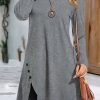 Clothing Azzlee Mini Dresses | Crew Neck Long Sleeve Plain Button Mini Dress Gray