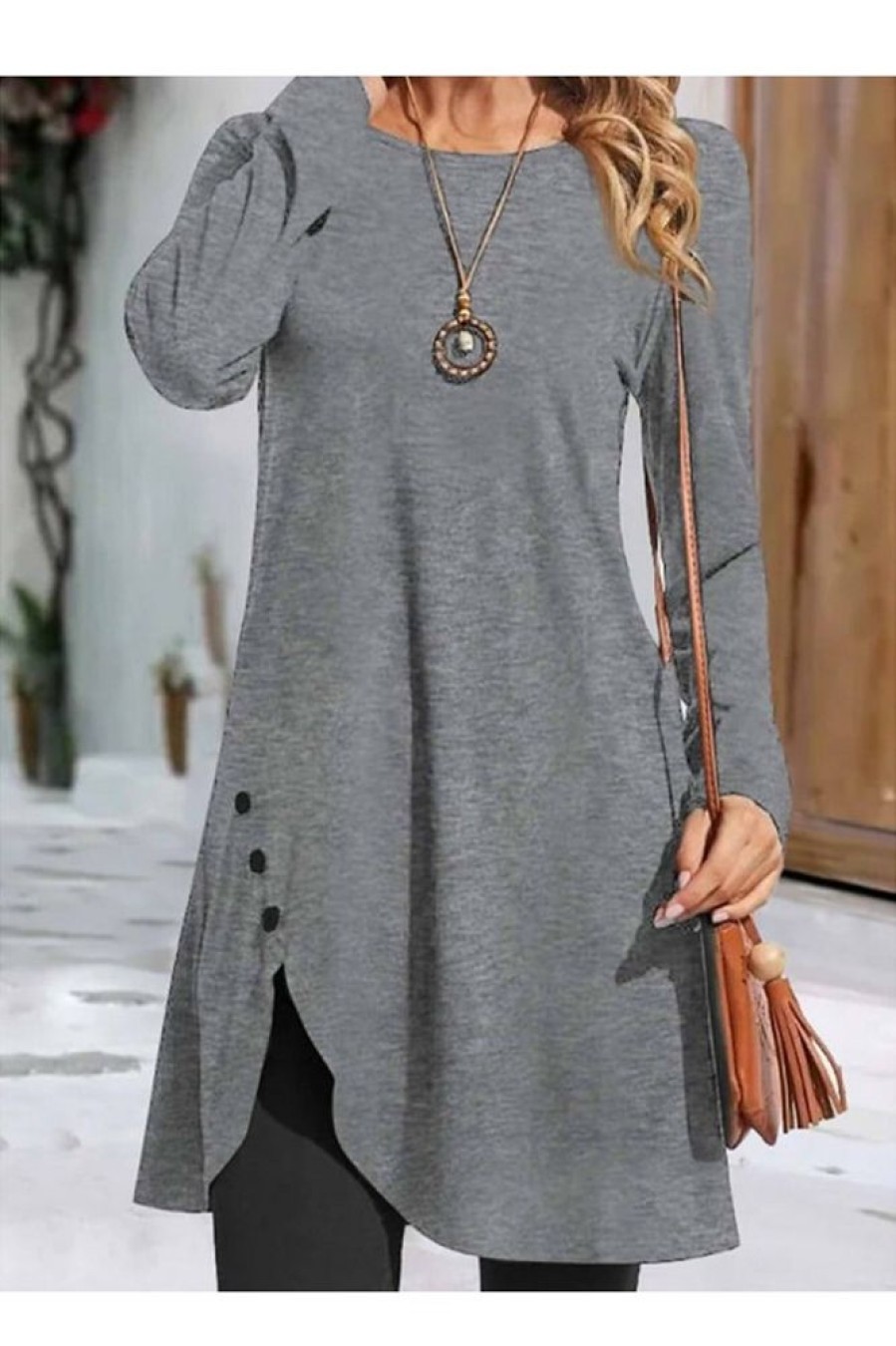 Clothing Azzlee Mini Dresses | Crew Neck Long Sleeve Plain Button Mini Dress Gray