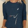 Clothing Azzlee Sweatshirt & Hoodies | Solid Cat & Moon Printed Long Sleeve Round Neck Casual Blouse Navy