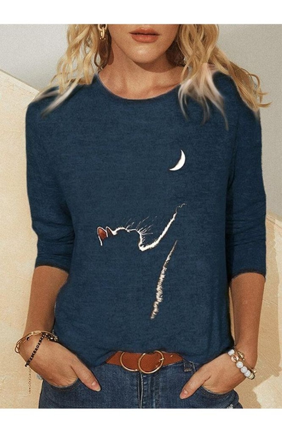 Clothing Azzlee Sweatshirt & Hoodies | Solid Cat & Moon Printed Long Sleeve Round Neck Casual Blouse Navy