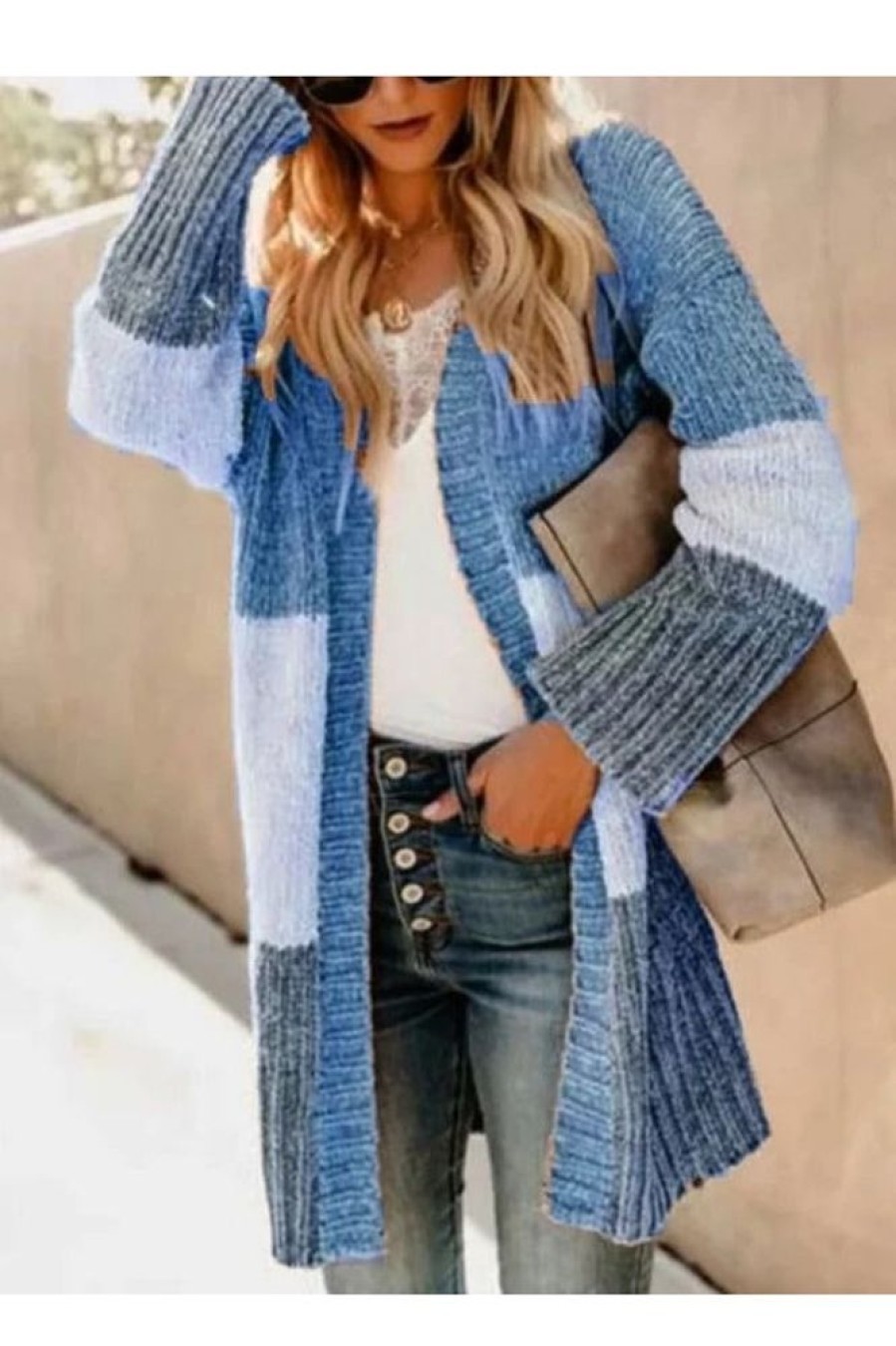 Clothing Azzlee Sweater & Cardigans | Casual Long Sleeve Color Block Printed Cardigans Blue