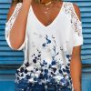 Clothing Azzlee Blouse & Shirts | Casual Graphic Tops V-Neck Short Sleeve Floral Printed Blouse White