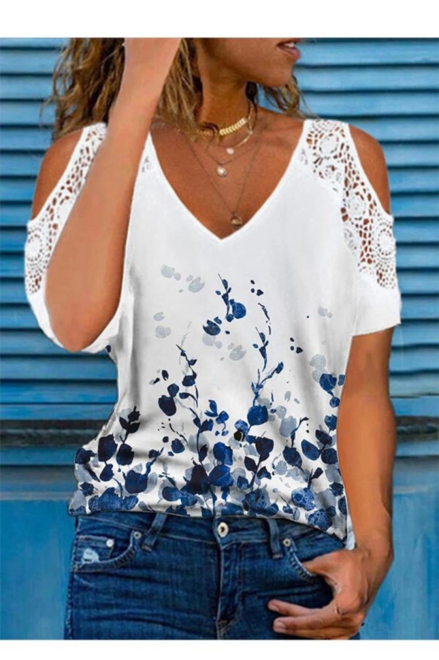 Clothing Azzlee Blouse & Shirts | Casual Graphic Tops V-Neck Short Sleeve Floral Printed Blouse White