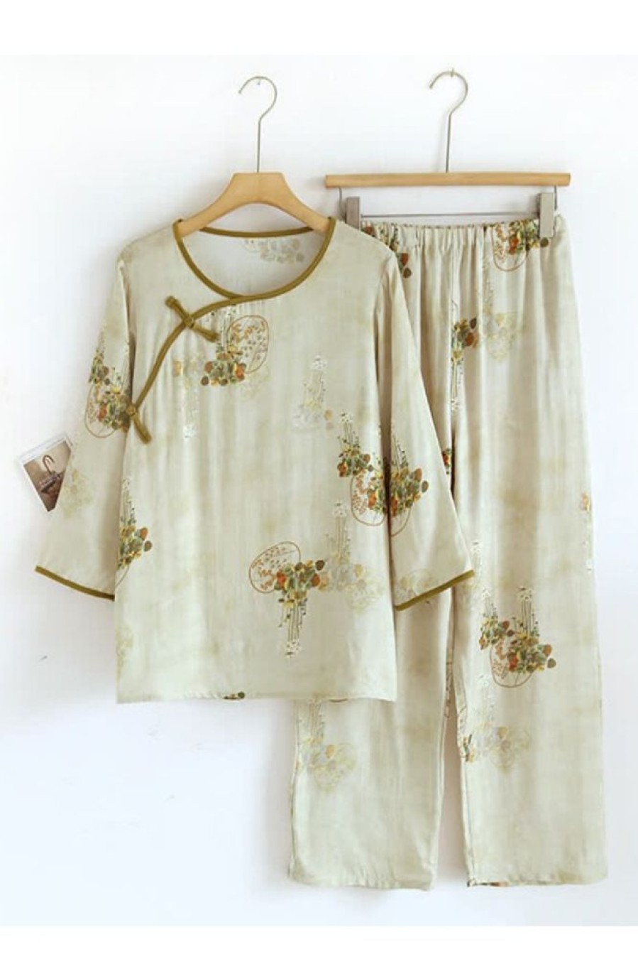 Clothing Azzlee | Retro Floral Bamboo Fiber Pajama Set Green