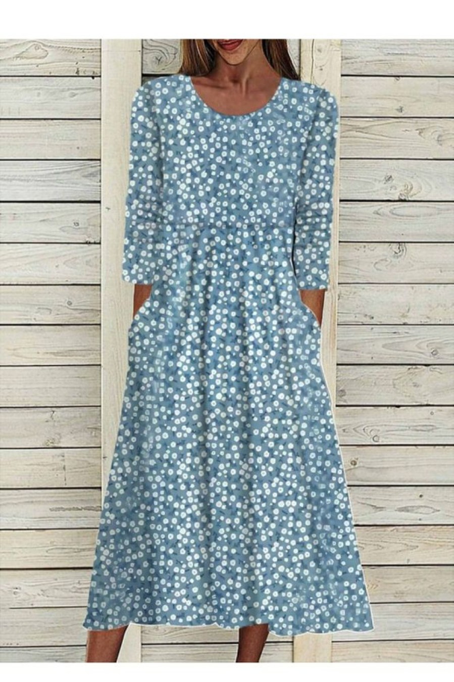 Clothing Azzlee Maxi Dresses | Loose Casual Ditsy Floral Crew Neck Long Sleeve Maxi Dress Light Blue