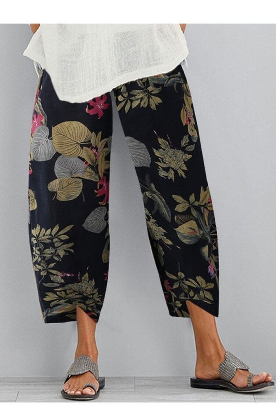 Clothing Azzlee Pants | Vintage Floral Printed Elastic Waist Casual Pants Navy