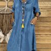 Clothing Azzlee Midi Dresses | Oversized Chambray Denim Button Front Blouse Midi Dress Blue