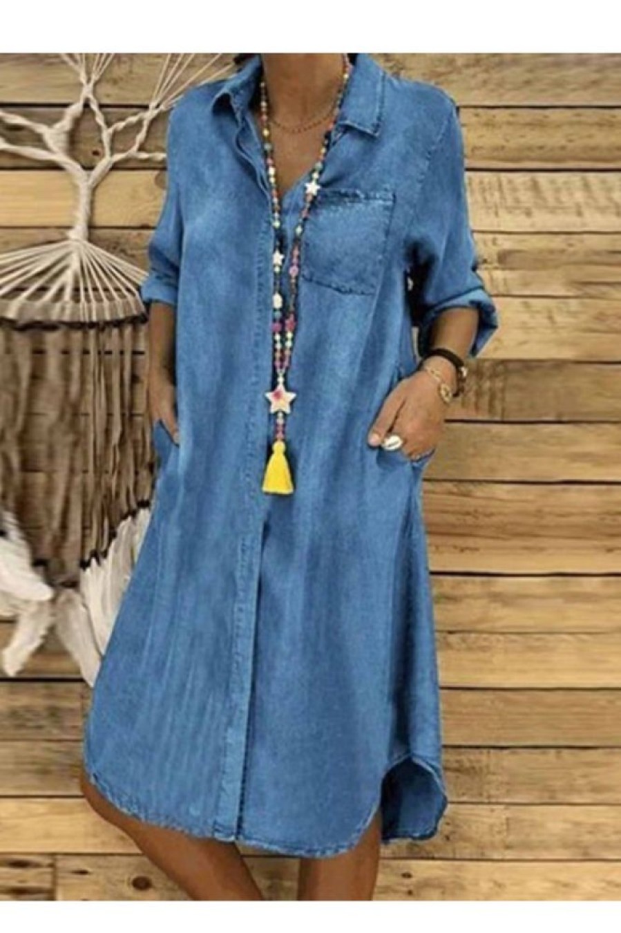 Clothing Azzlee Midi Dresses | Oversized Chambray Denim Button Front Blouse Midi Dress Blue