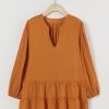 Clothing Azzlee Sweatshirt & Hoodies | Solid Ruffles Casual V-Neck Long Sleeve Blouse Rust