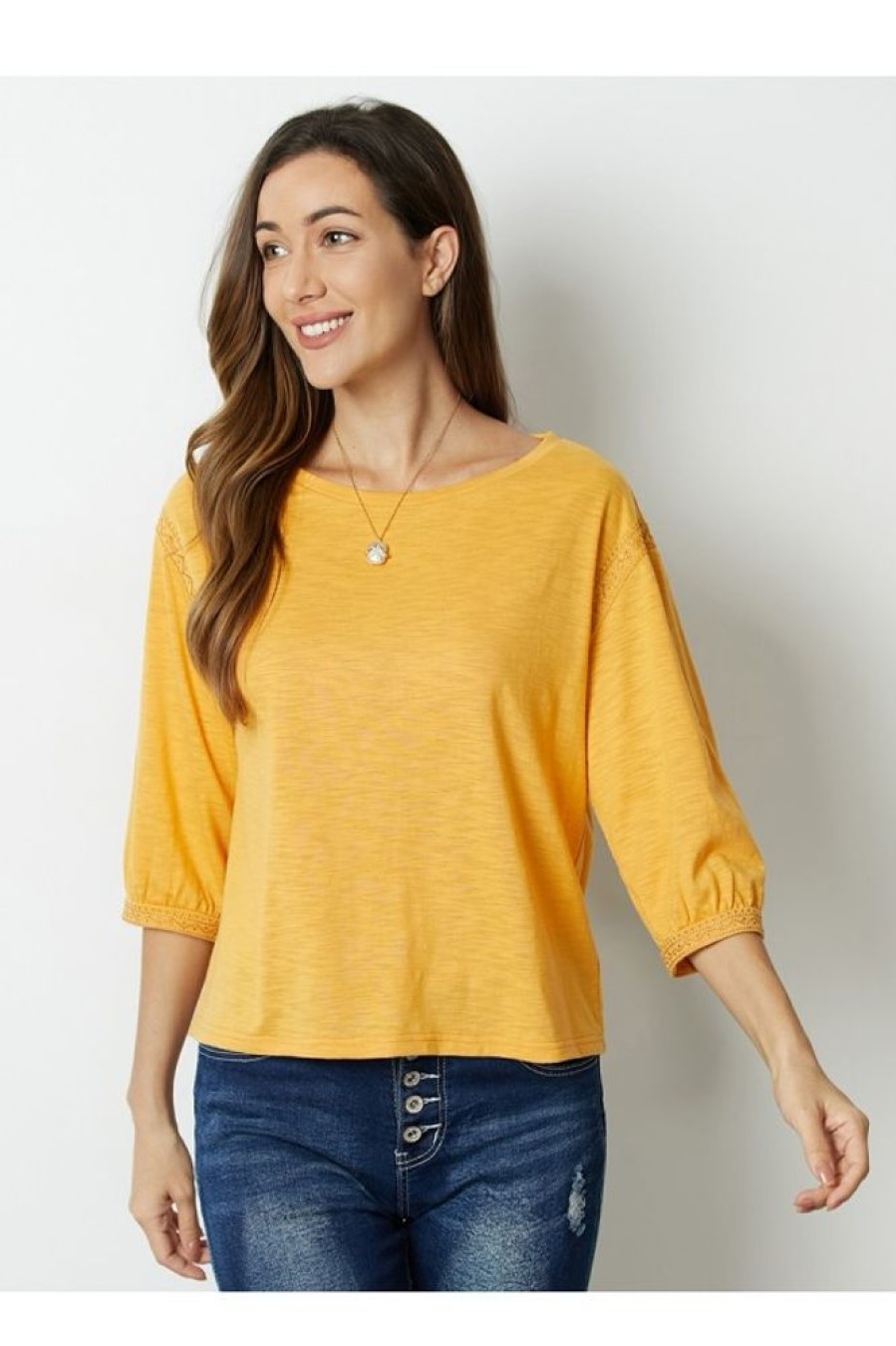 Clothing Azzlee Blouse & Shirts | Solid Round Neck 3/4 Sleeve Blouse Yellow