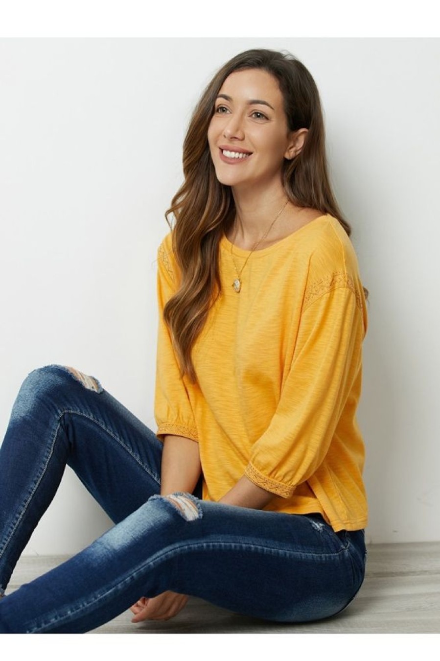 Clothing Azzlee Blouse & Shirts | Solid Round Neck 3/4 Sleeve Blouse Yellow