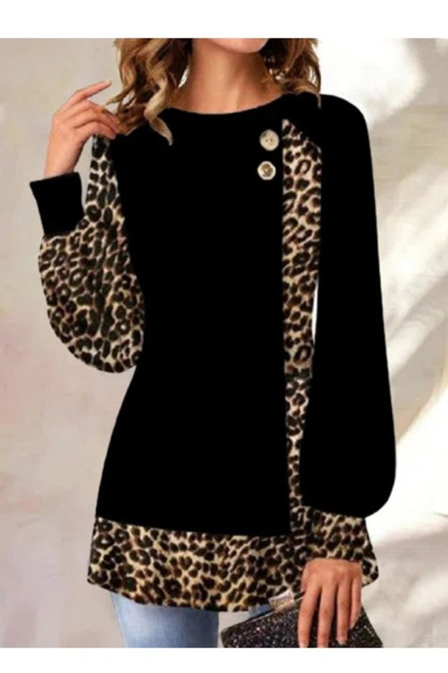 Clothing Azzlee Sweatshirt & Hoodies | Casual Leopard Print Stitching Long-Sleeved Sweatshirt Black