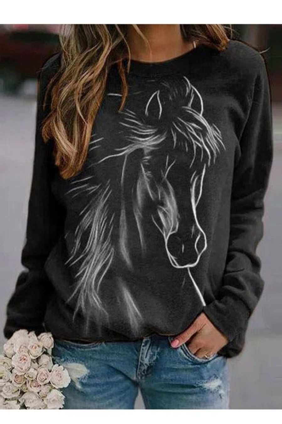 Clothing Azzlee Sweatshirt & Hoodies | Casual Graphic Tops Round Neck Long Sleeve Horse Printed Sweatshirts Black