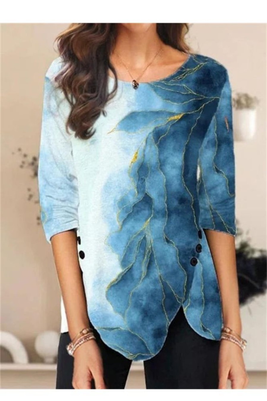 Clothing Azzlee Sweatshirt & Hoodies | Casual Round Neck Ombre Printed Long Sleeve Blouse Blue